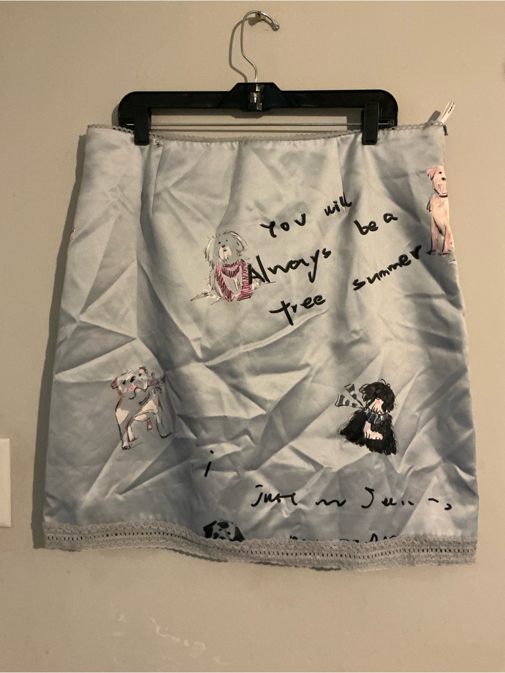 Light Blue Printed Satin Mini Skirt with Dog Motif